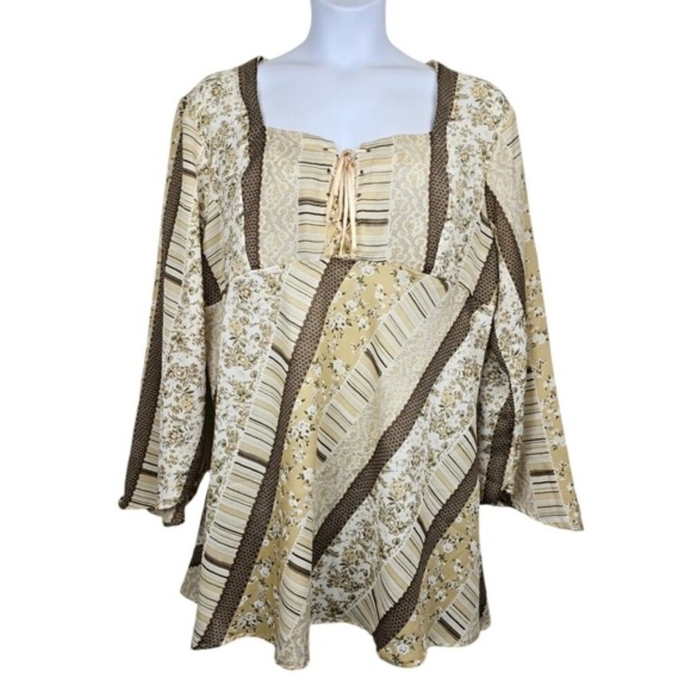 Carolina Bay Womens Flare Sleeve Ivory Brown Floral Print Lace Up Blouse Size 3X